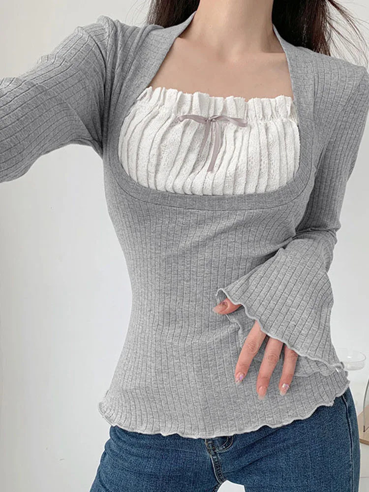 Y2k Lace Patchwork Fake Two Piece T-shirt Flare Long Sleeve Tops Spring Kawaii Clothes Korean Shirt
