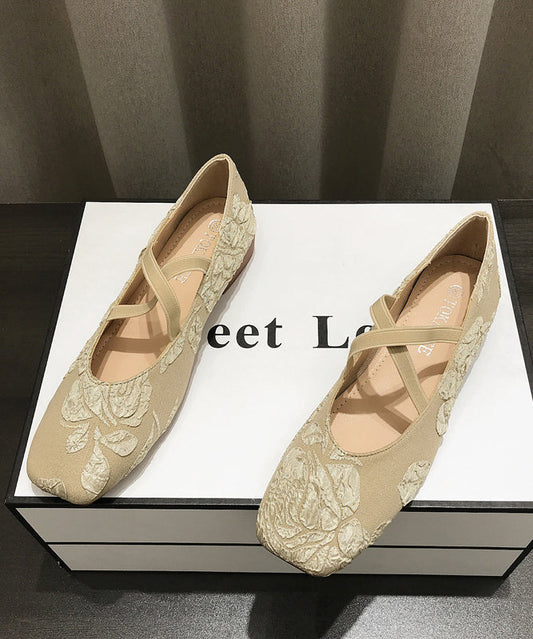 Apricot Embroidered Cross Strap Splicing Flat Shoes for
