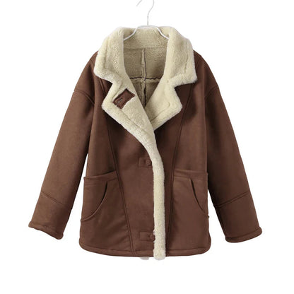 Lamb Woolen Spliced Warm Coat for Side Buttons Lapel Full Sleeve Jackets Lady Autumn Winter Thick Outwear