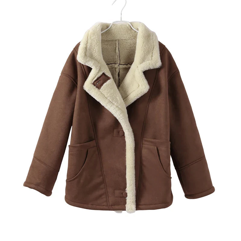 Lamb Woolen Spliced Warm Coat for Side Buttons Lapel Full Sleeve Jackets Lady Autumn Winter Thick Outwear