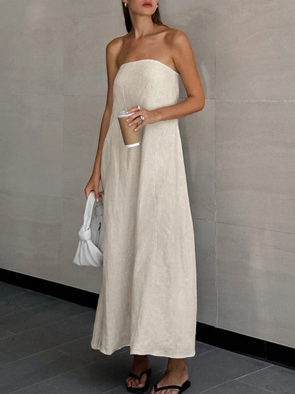 A-line Loose Elasticity Pockets Color Zipper Tube Maxi Dresses