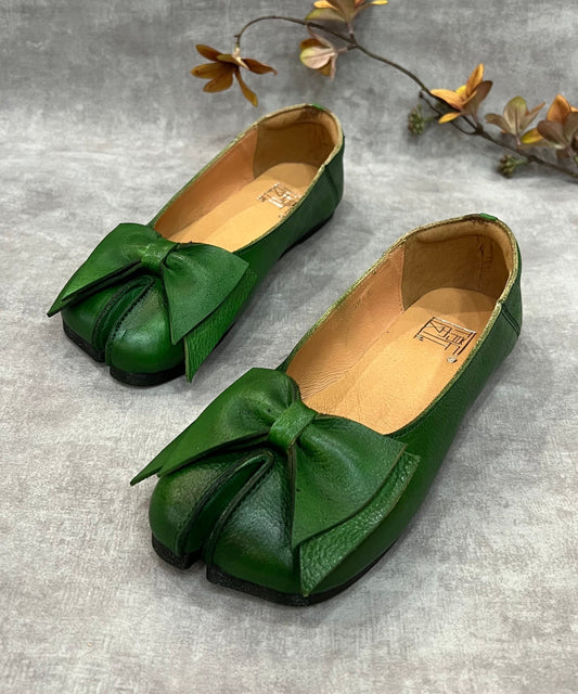 Green Bow Split Toe Cowhide Leather Flat Shoes for