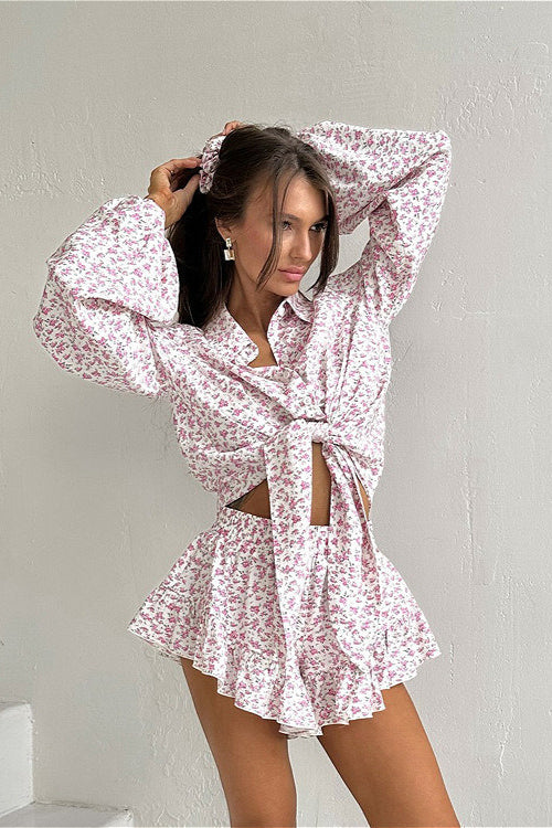 Long Sleeve Collar Flip Shirt Ruffled Shorts Two Piece Set