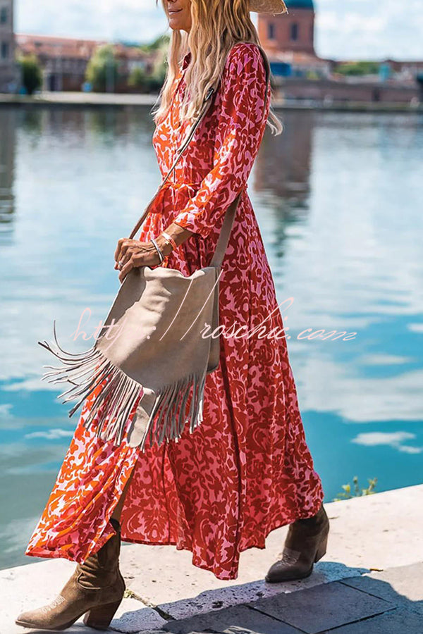 Lapel Slit Print Lace Up Button Maxi Dress