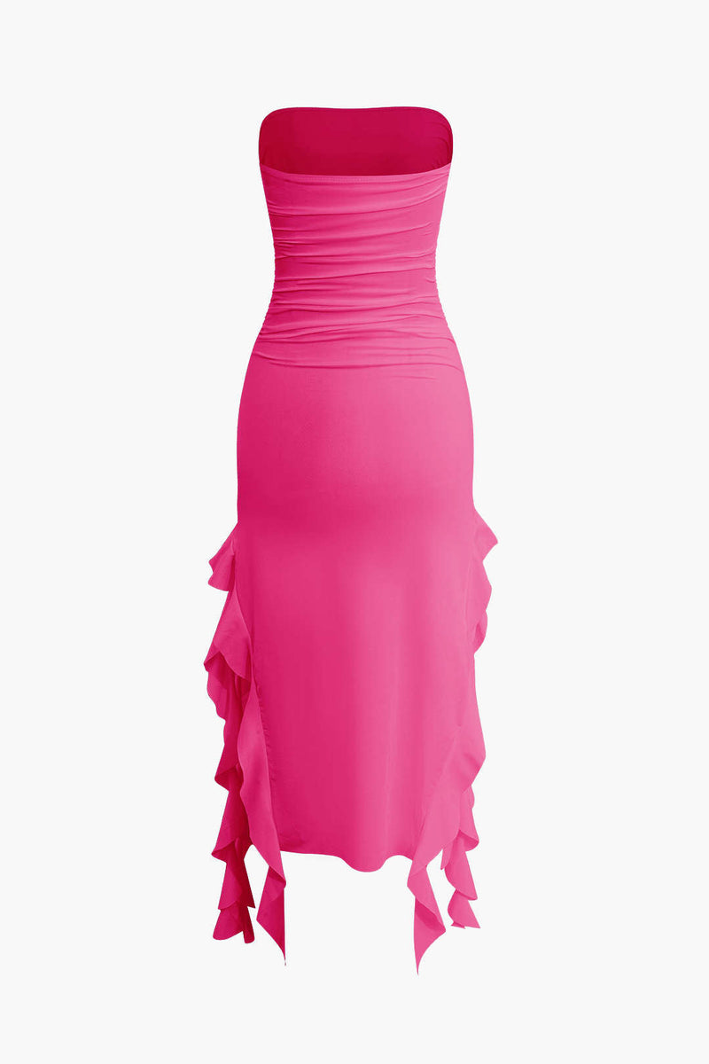Color French Ruffle Hem Ruched Tube Maxi Dress