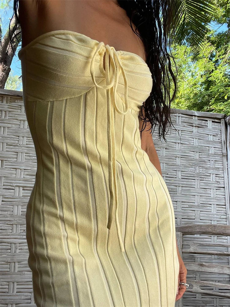 Strapless Knit Mini Dresses Off-shoulder Stripe Knitting Bodycon Dress Summer Beach Party Halter Club