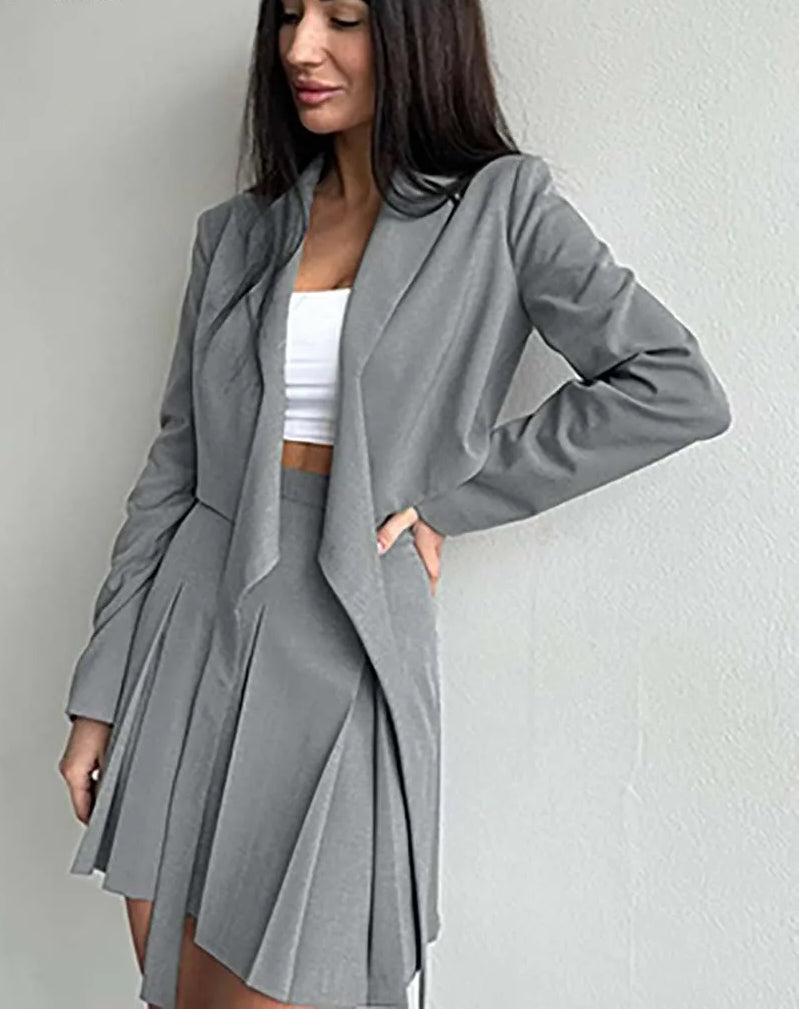 Grey Lace-up Pleated Mini Office Two Piece Set