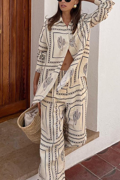 Moxidress Cactus Print Lapel Long Sleeves Shirt Elastic Waist Wide Leg Pants Set