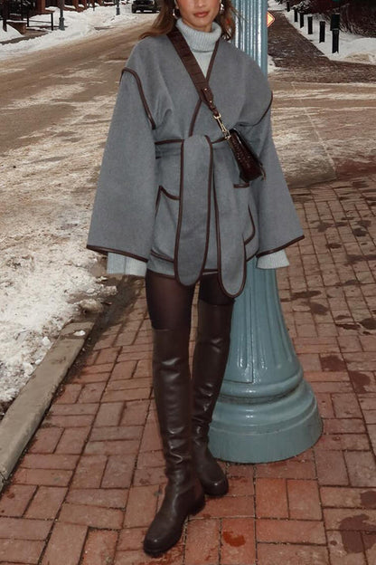 Moxidress Open Front Pocketed Splice Coat With Belt