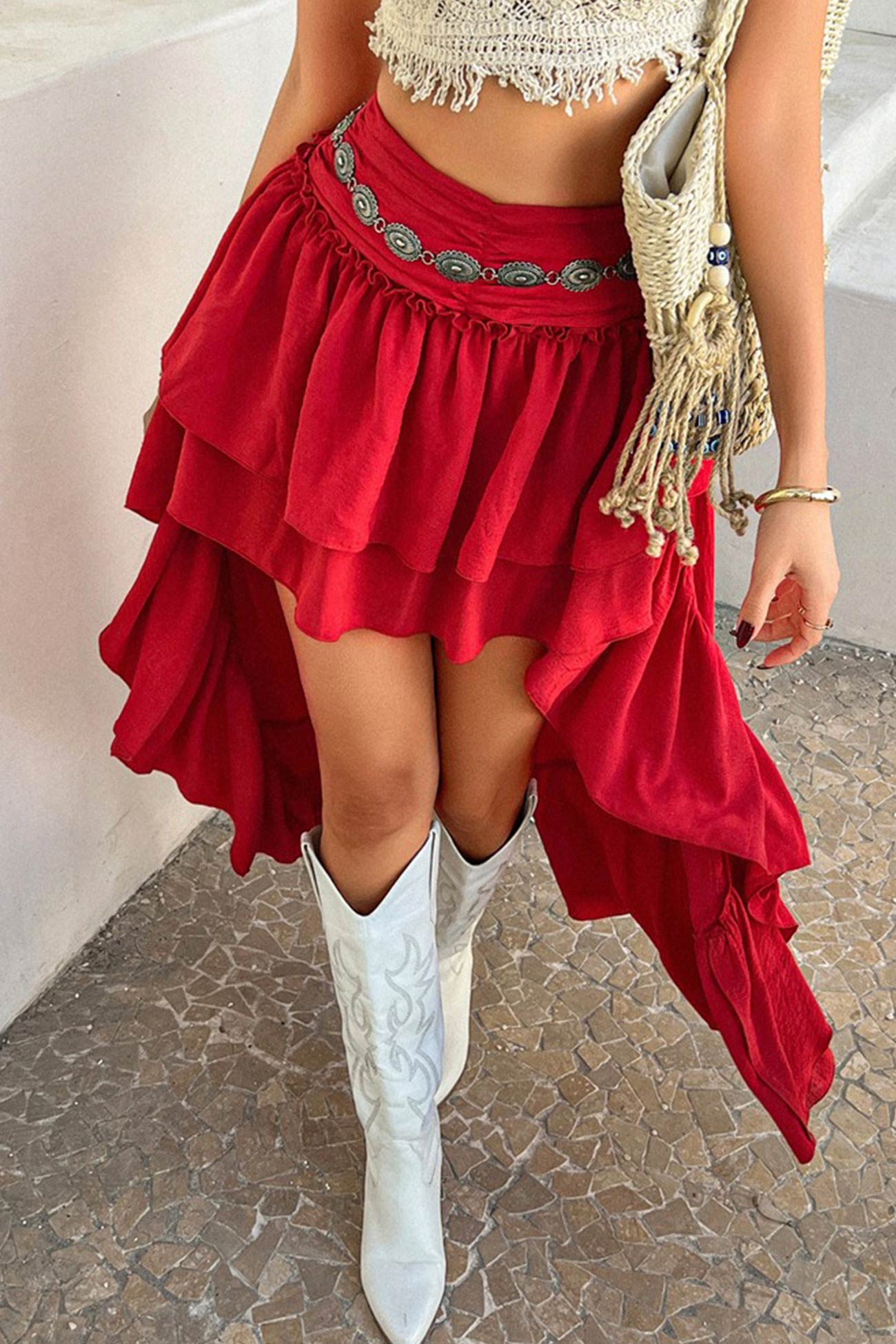 Color High Rise High-low Tiered Skirt