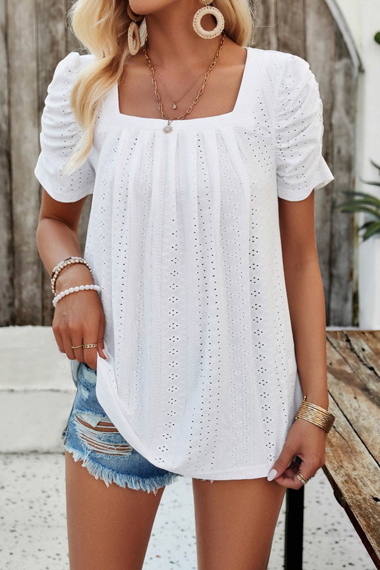Square Neck Puff Sleeve Hollow Out Blouse