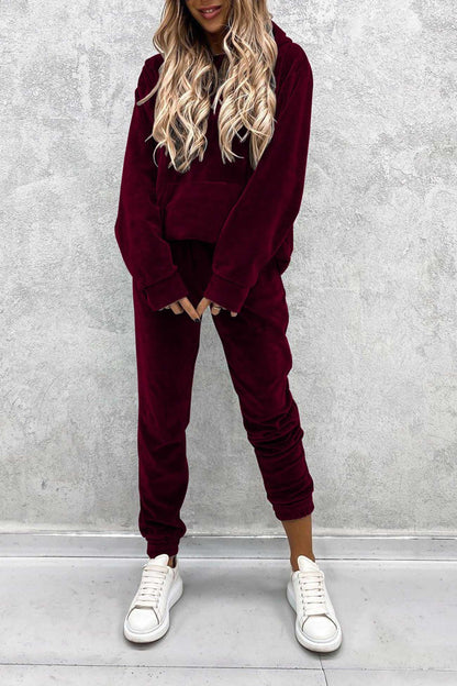 Velour Color Hoodie Long Pants Set