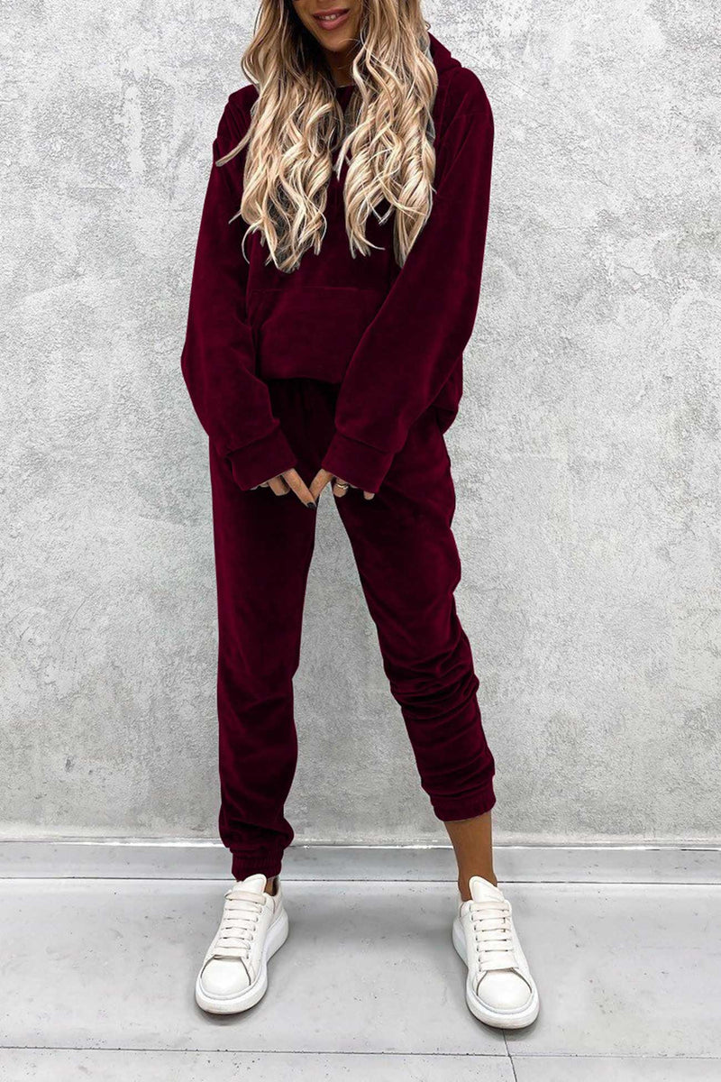 Velour Color Hoodie Long Pants Set