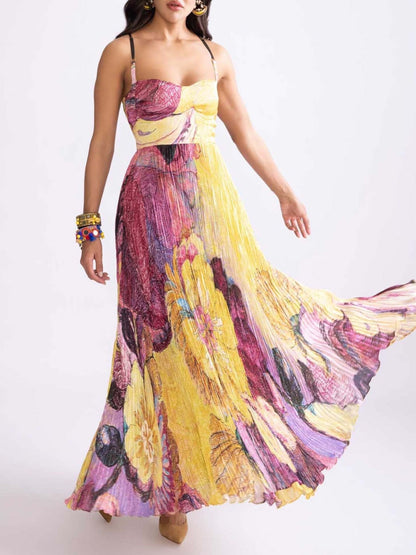 Art Hand-painted Print Pleated Maxi Dress