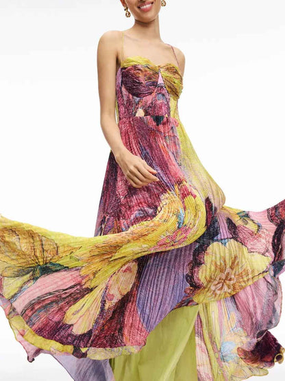 Art Hand-painted Print Pleated Maxi Dress