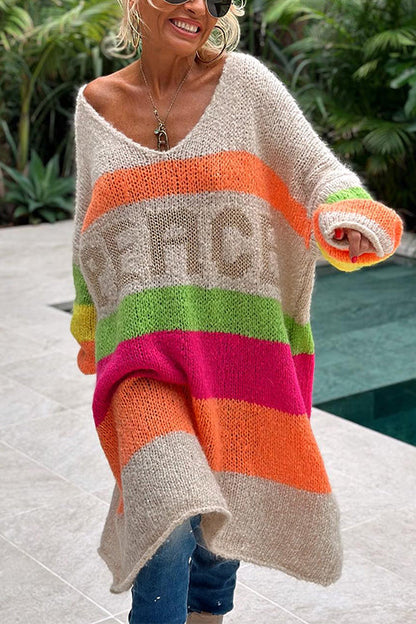 V Neck Letter Pattern Stripes Midi Sweater Dress