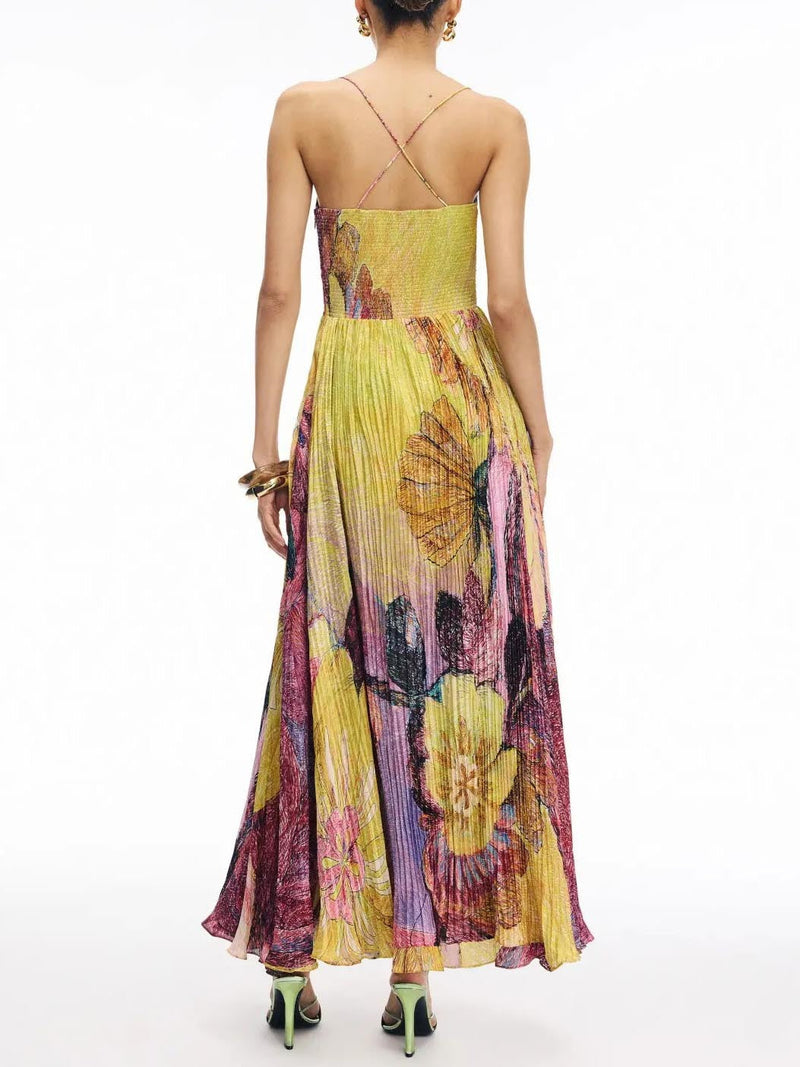 Art Hand-painted Print Pleated Maxi Dress