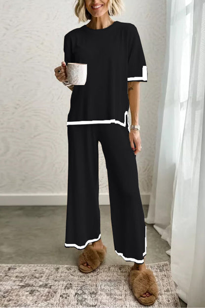 Color Block Short Sleeves Side Split Pullover Wide Leg Pants Knitting Loungewear Set