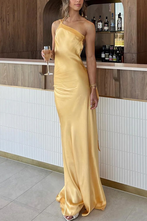 One Shoulder Open Back Tie Knot Satin Maxi Dress