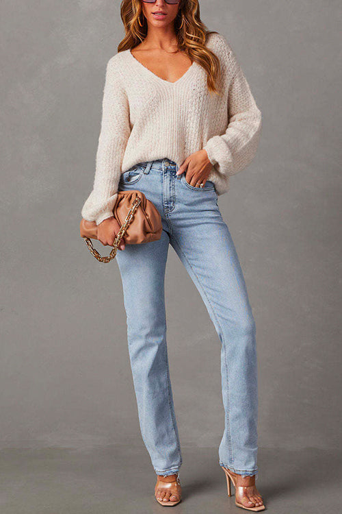 Raw Hem Distressed Straight Leg Denim Pants