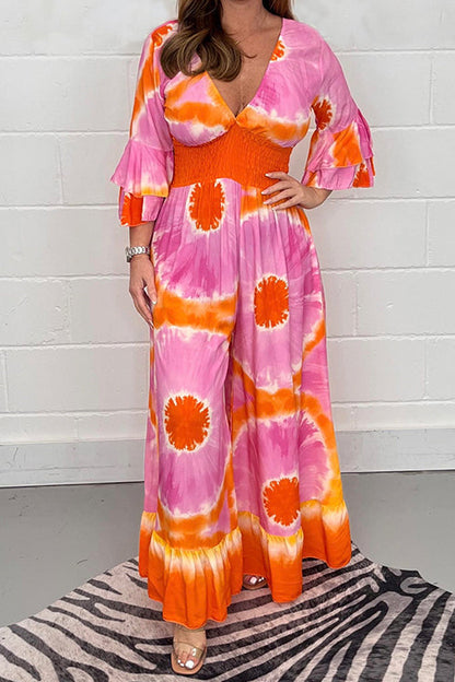 V Neck Bell Sleeves Smocked Waist Wide Leg Printed Jumpsuit