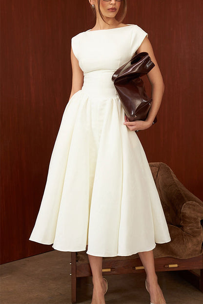 Cap Sleeves Open Back Waisted Swing Midi Dress