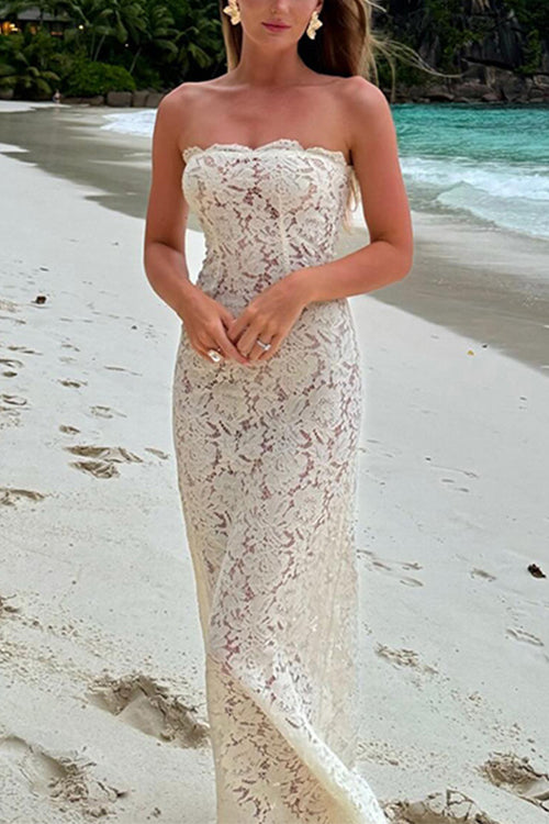 Moxidress Strapless Lace Hollow Out Bodycon Maxi Dress