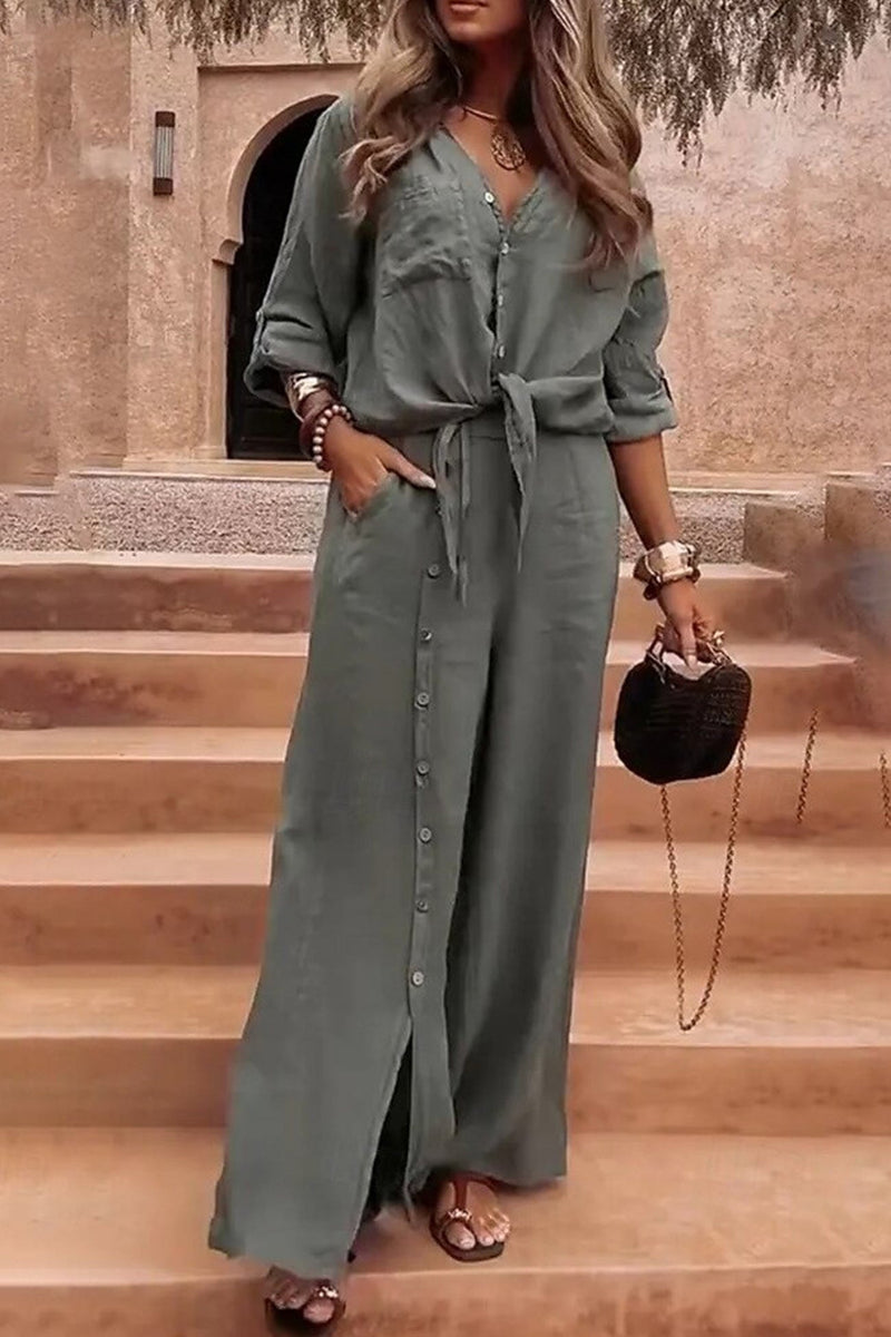 Tie-up Shirt Single-breasted Long Pants Set