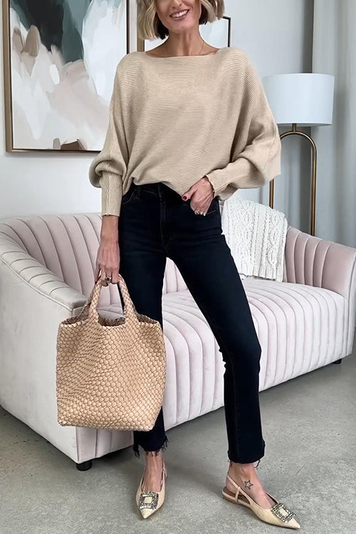 Boat Neck Batwing Sleeves Ribbed Knit Sweater