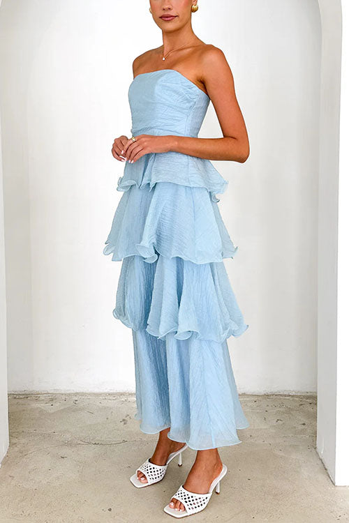 Moxidress Strapless Empire Waist Ruffle Layered Maxi Dress