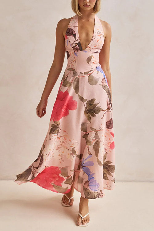 Halter V Neck Lace-up Waisted Print Maxi Dress