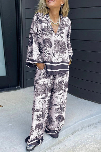 Moxidress Lapel V Neck Long Sleeves Shirt Wide Leg Pants Printed Set