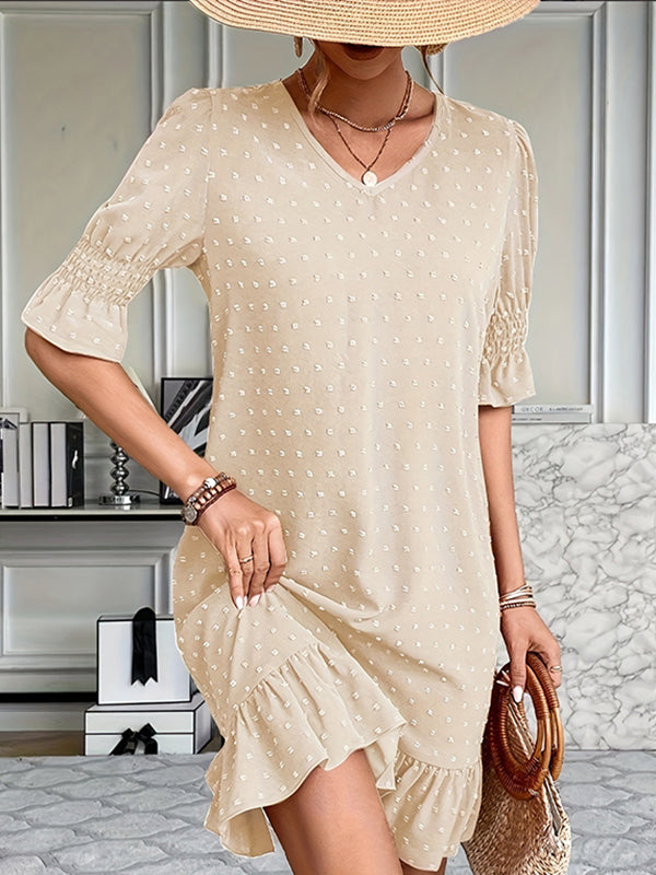 A-line Flared Sleeves Elasticity Jacquard Pleated Color Split-joint V-neck Mini Dresses