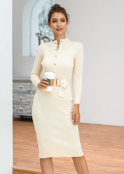 Button-up Knit Sweater Dress With Belt
