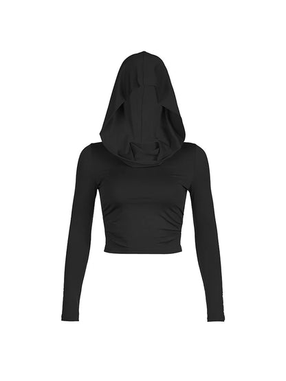 ’s Hooded Crop Tops Autumn Color Long Sleeve Cowl Neck Slim Fit Short T-shirt Sporty Basics Tees
