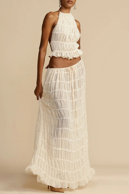 Versatility and Charm Pleated Drawstring Waist Tiered Maxi Skirt