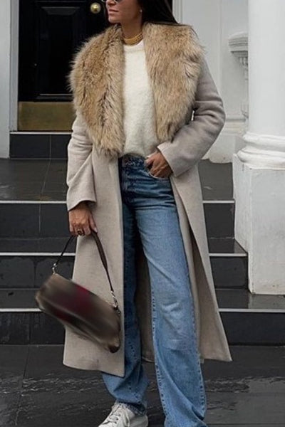 Wool Blend Long Fur Collar Overcoat