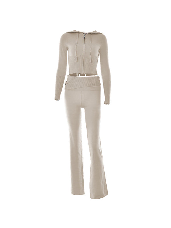 Retro Knitted Two Piece Set With Zip and Hood
