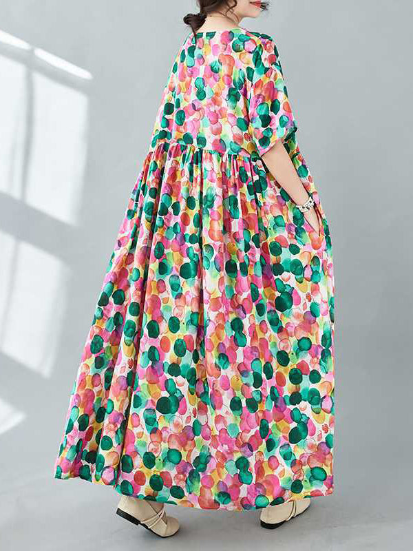 Half Sleeves Loose Pleated Polka-dot Printed Split-joint Round-neck Midi Dresses