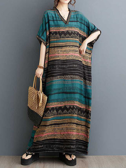 A-line Batwing Sleeves Split-joint Striped V-neck Maxi Dresses