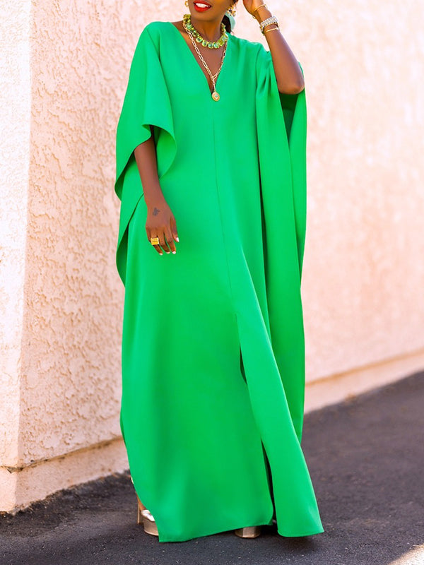 Batwing Sleeves Loose Color Split-side V-neck Maxi Dresses