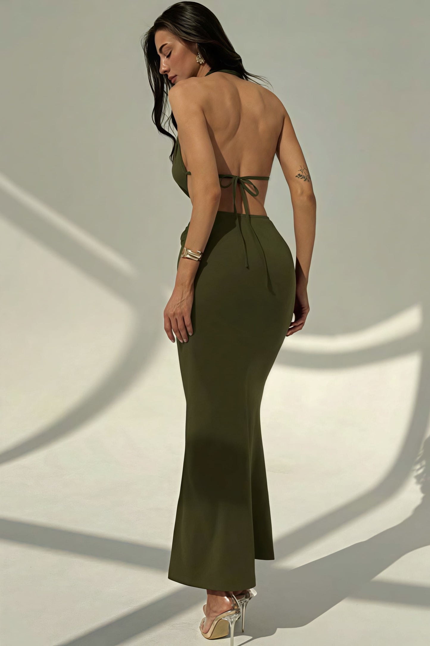 Halter Deep V Neck Backless Metal Maxi Dress