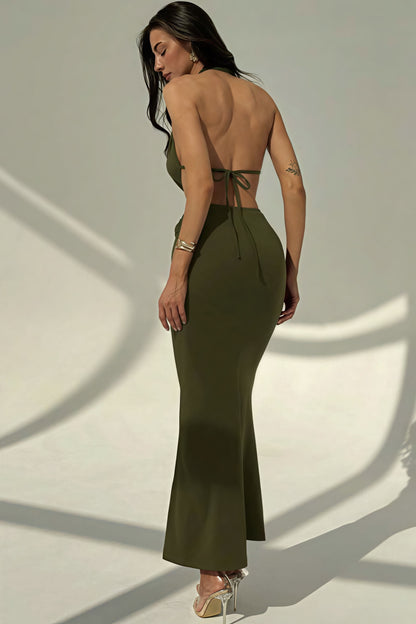 Halter Deep V Neck Backless Metal Maxi Dress