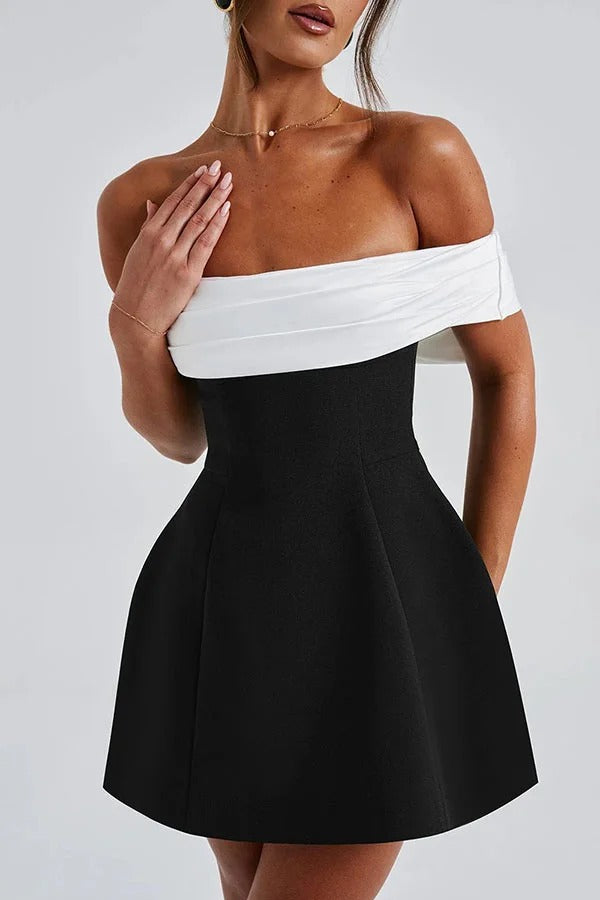 Contrast Off-the-shoulder Bow-embellished Mini Dress