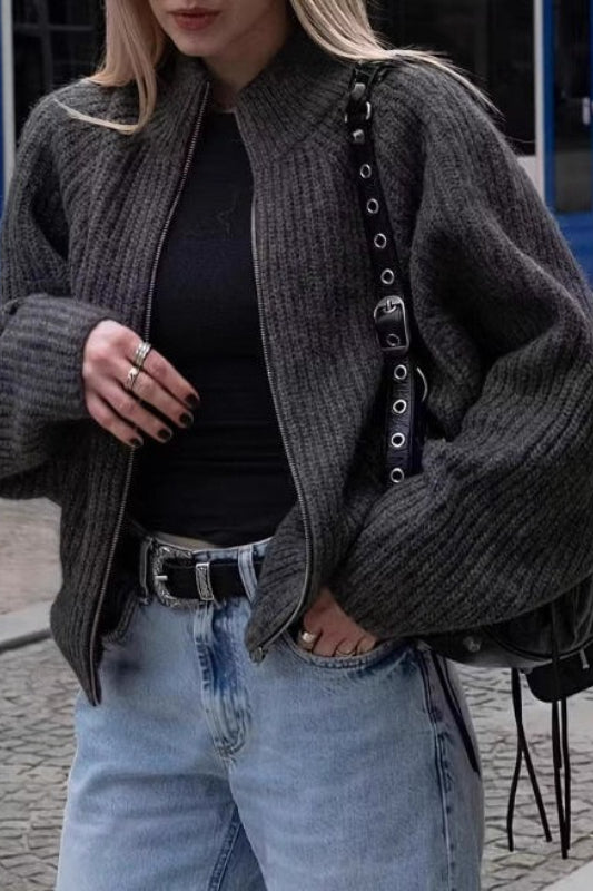 Minimalist Color Double Zipper Stand Collar Sweater