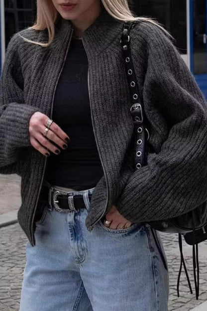 Minimalist Color Double Zipper Stand Collar Sweater