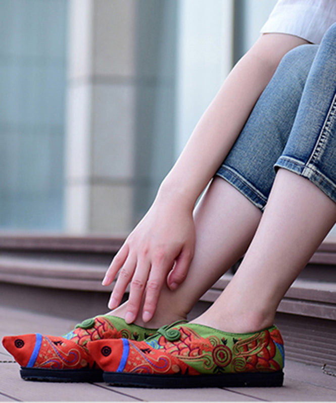 Unique Green Cotton Fabric Flat Shoes for Fish Embroideried Pointed Toe Splicing Flat Shoes