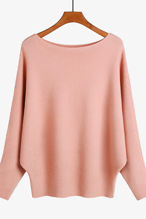 Boat Neck Batwing Sleeves Ribbed Knit Sweater