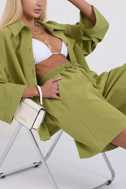 Color Shirt Single-breasted Bermuda Shorts Set