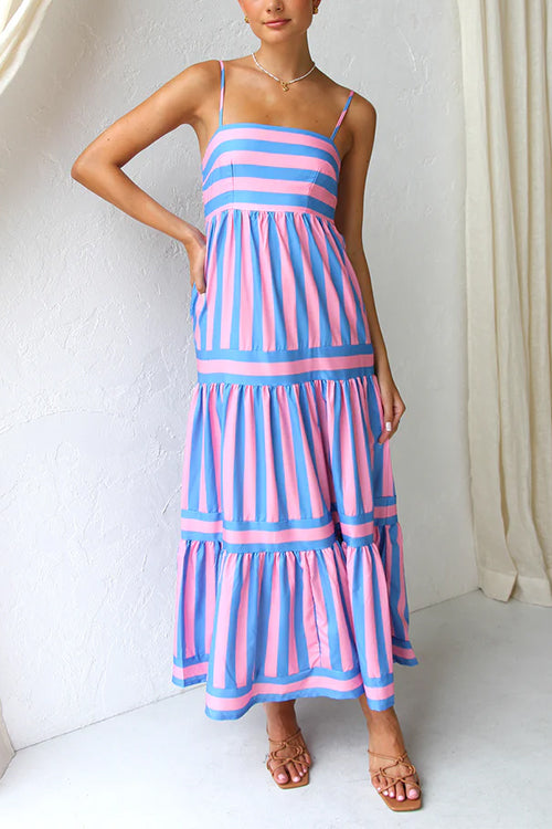 Spaghetti Strap Ruffle Tiered Color Block Striped Maxi Dress